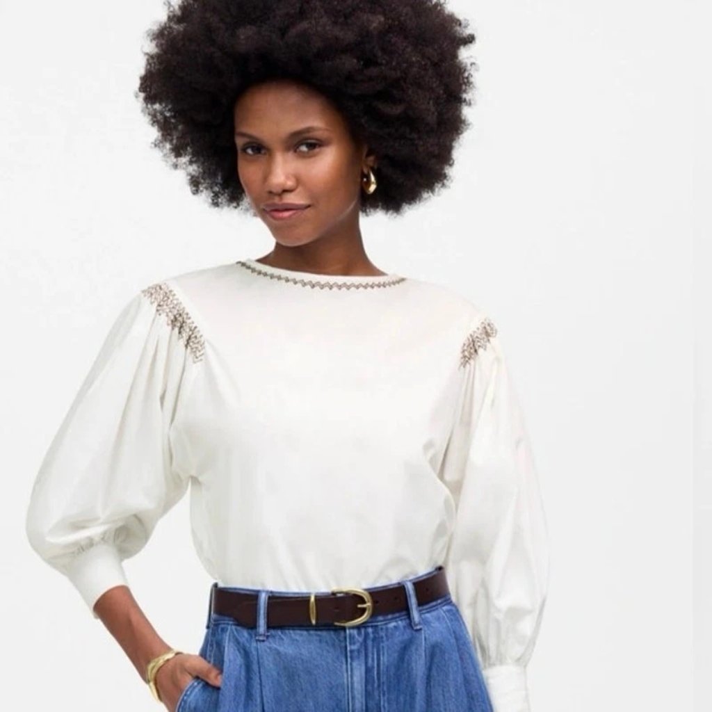 Madewell White/Brown Embroidered Poplin Balloon-Sleeve Top Xl Nwt